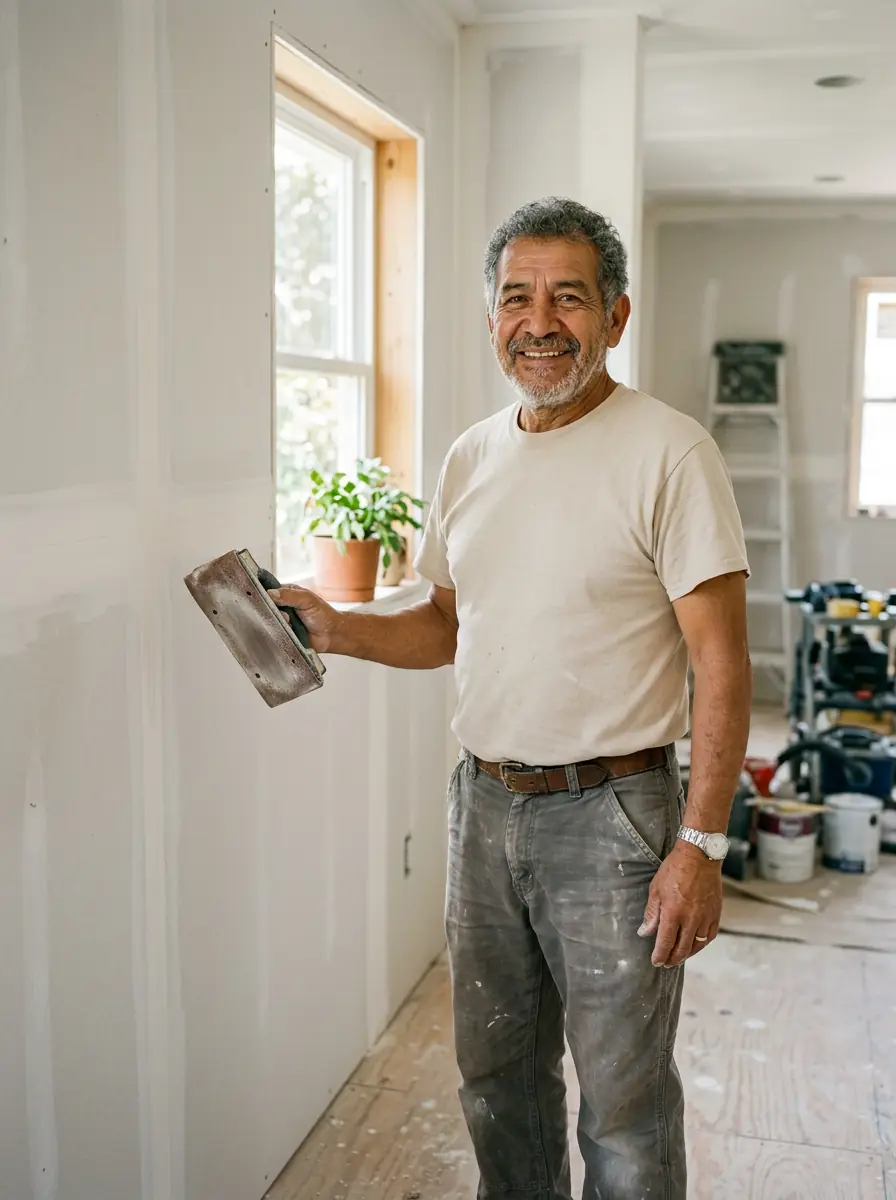 Veteran painting contractor smiling beside a freshly prepped drywall wall while holding a sanding block in a sunlit home