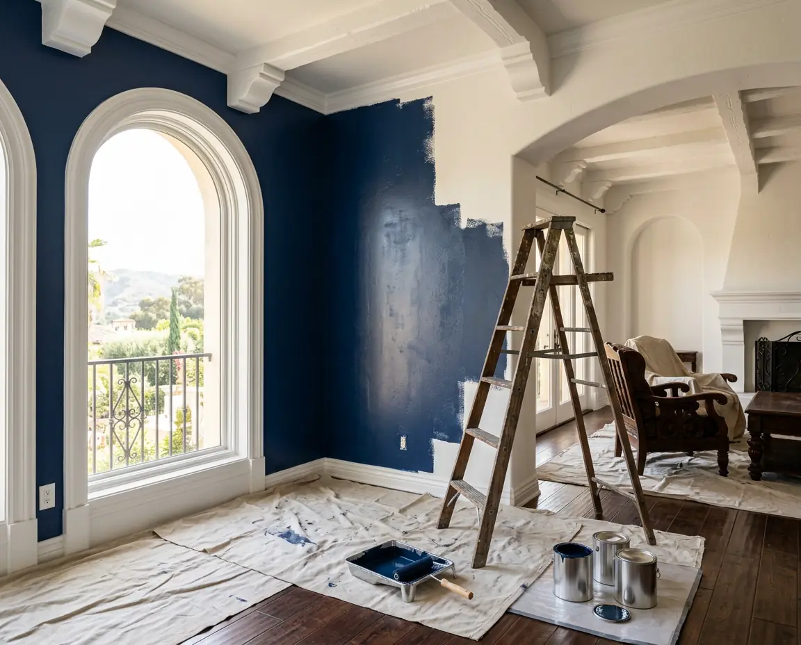 Spanish-style California living room mid-repaint with a navy accent wall, white trim, wooden ladder and canvas drop cloths