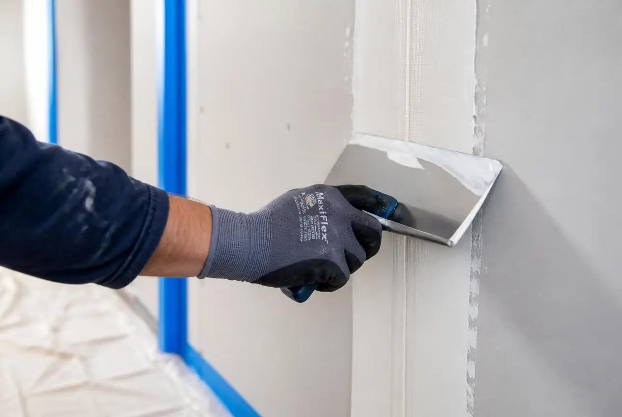 Taping knife spreading joint compound over drywall mesh tape at a ceiling and wall corner under a bright work light