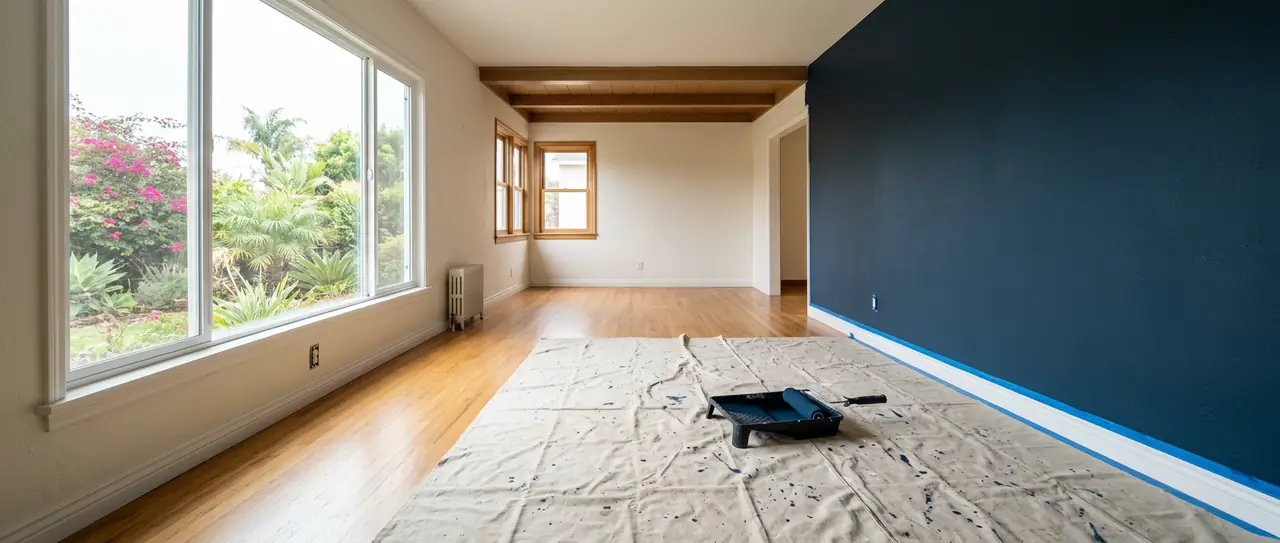 Freshly painted residential interior with a navy accent wall, canvas drop cloths and a paint roller mid-project
