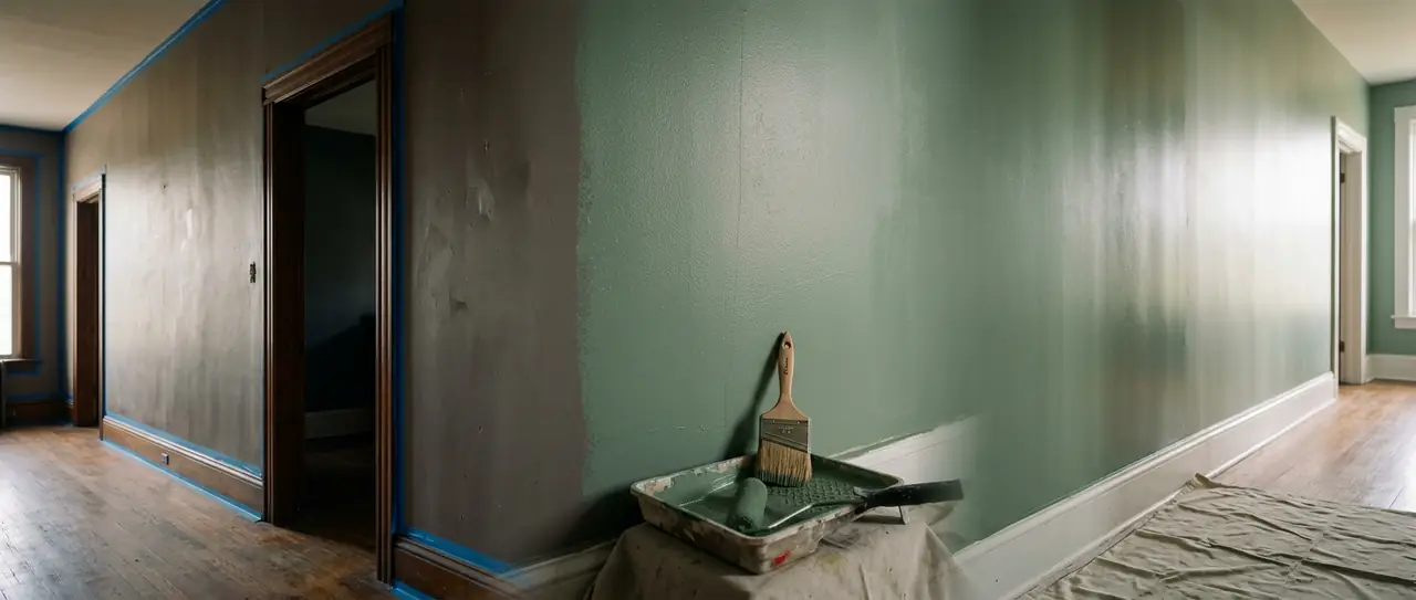 Panoramic hallway mid-repaint with painter's tape, a smooth freshly painted wall and an angled sash brush resting on a paint tray