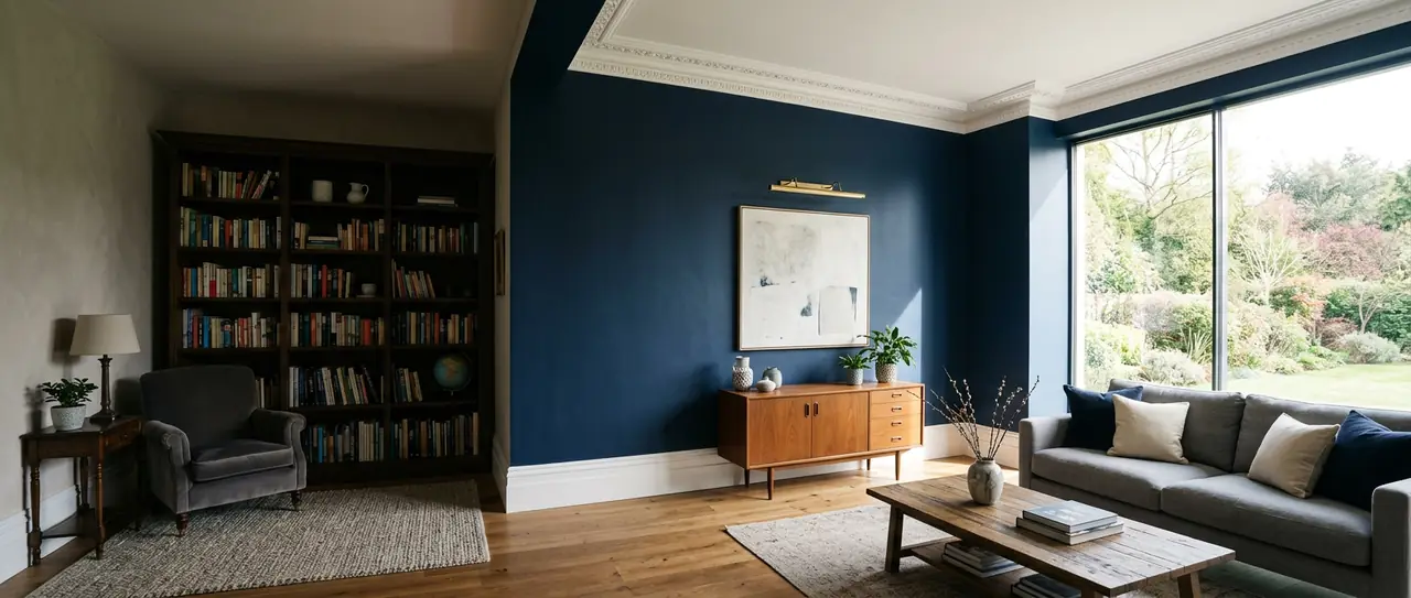 Panoramic finished living room with a navy feature wall, white crown molding and warm daylight from a tall window