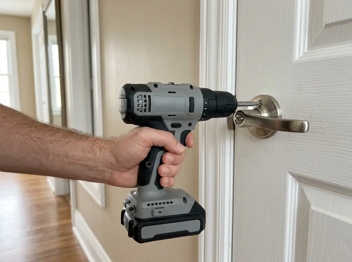 Cordless drill installing a brushed nickel lever handle on a white interior door during handyman repairs