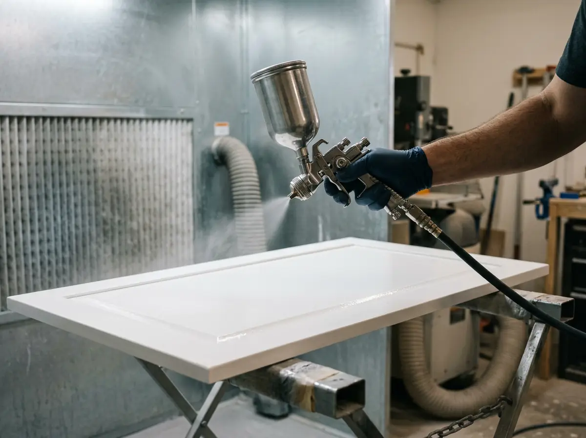 HVLP spray gun applying a smooth white lacquer finish to a kitchen cabinet door