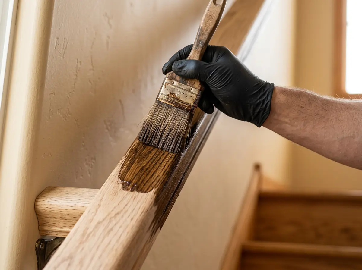 Brush applying rich walnut wood stain to an oak stair handrail during specialty stain work